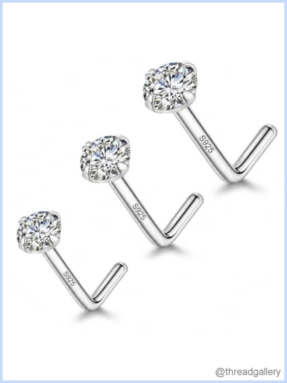 925 Sterling Silver L Shaped Nose Studs CZ 18G 20G 22G Hypoallergenic Piercing